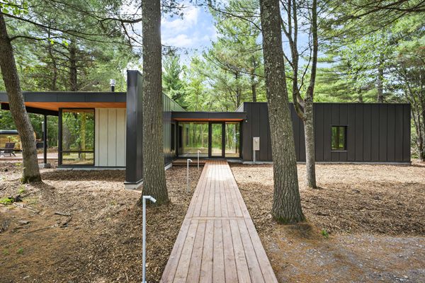 Oak and Ember modern cabin exterior and wooded outdoor space