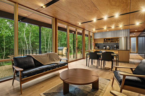 Oak and Ember cabin interior with warm finishes and wooded views