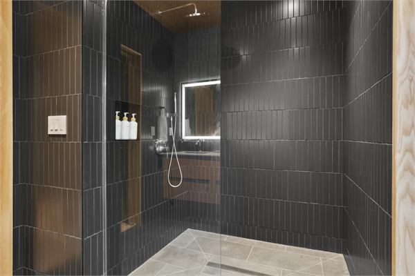 The Pines walk-in shower with dark tile and brass fixtures