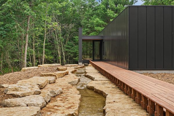 The Point modern cabin exterior surrounded by mature trees