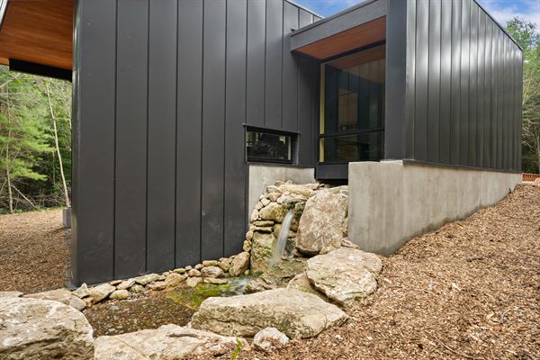 The Point modern cabin exterior surrounded by mature trees