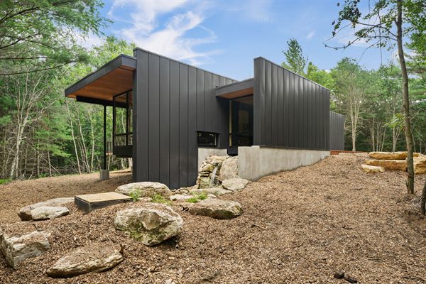 The Point modern cabin exterior surrounded by mature trees