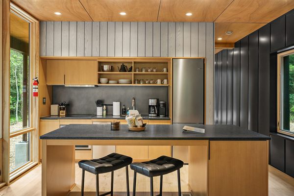 The Point open living, kitchen, and dining area with wooded views