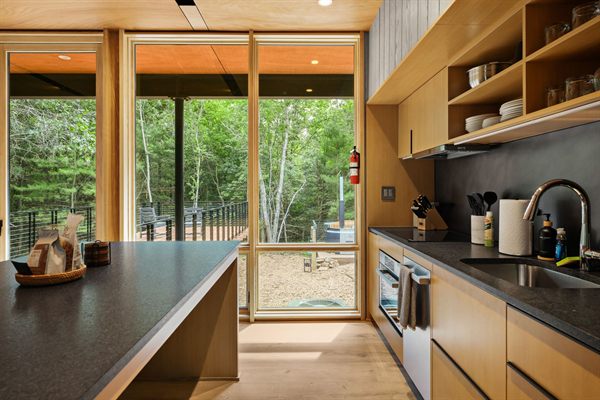 The Point open living, kitchen, and dining area with wooded views