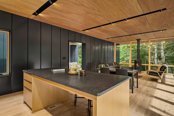 The Point open living, kitchen, and dining area with wooded views