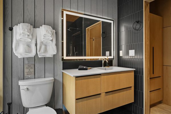 The Point modern bathroom with dark tile and warm wood vanity