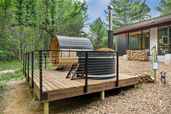 The Point modern cabin exterior surrounded by mature trees