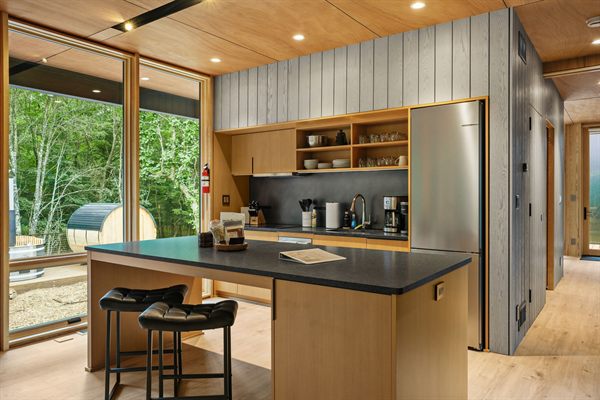 The Point open living, kitchen, and dining area with wooded views